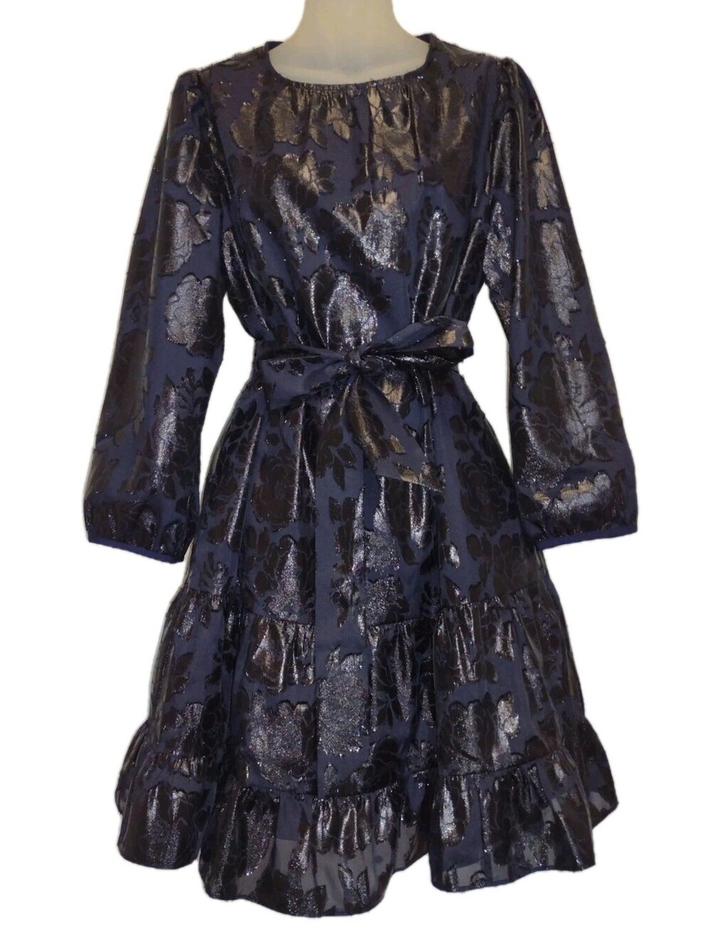 Kate Spade Full Bloom Dress Whimsy Goth Metallic Floral Tiered Ruffle Belt L
